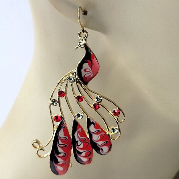 Peacock Chandelier Earrings Gold Red and Black Bird Earrings - Picture 2 of 7